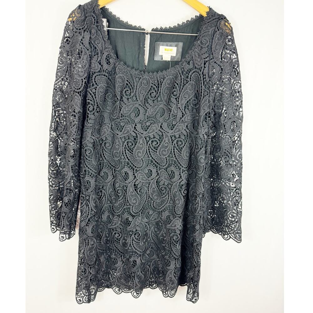 Anthropologie Maeve Womens Embroidered Lace Dress Long Sleeve Black 12